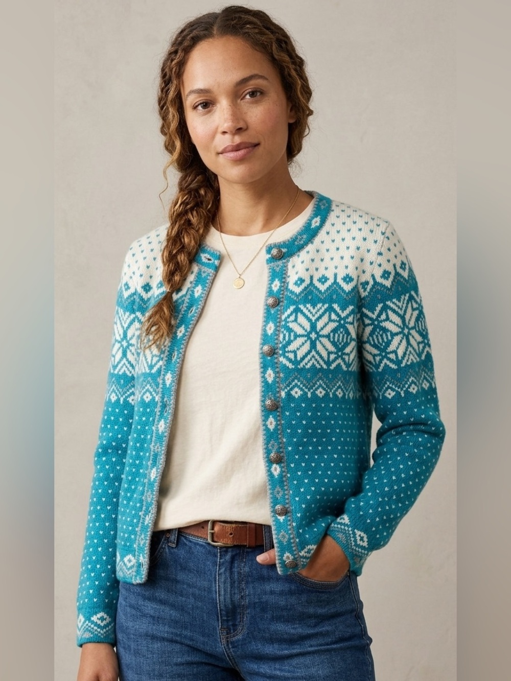 L.L. Bean Teal Cream Knit Fair Isle Button Front Cardigan Sweater Size Small